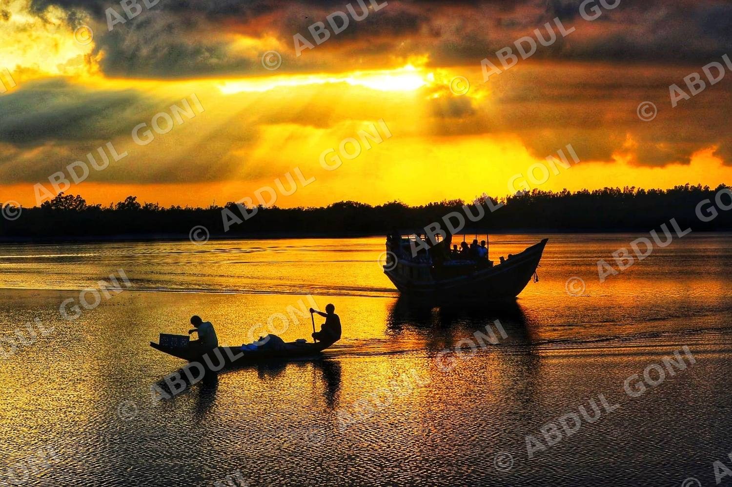 A boat crosses a delta river at last light